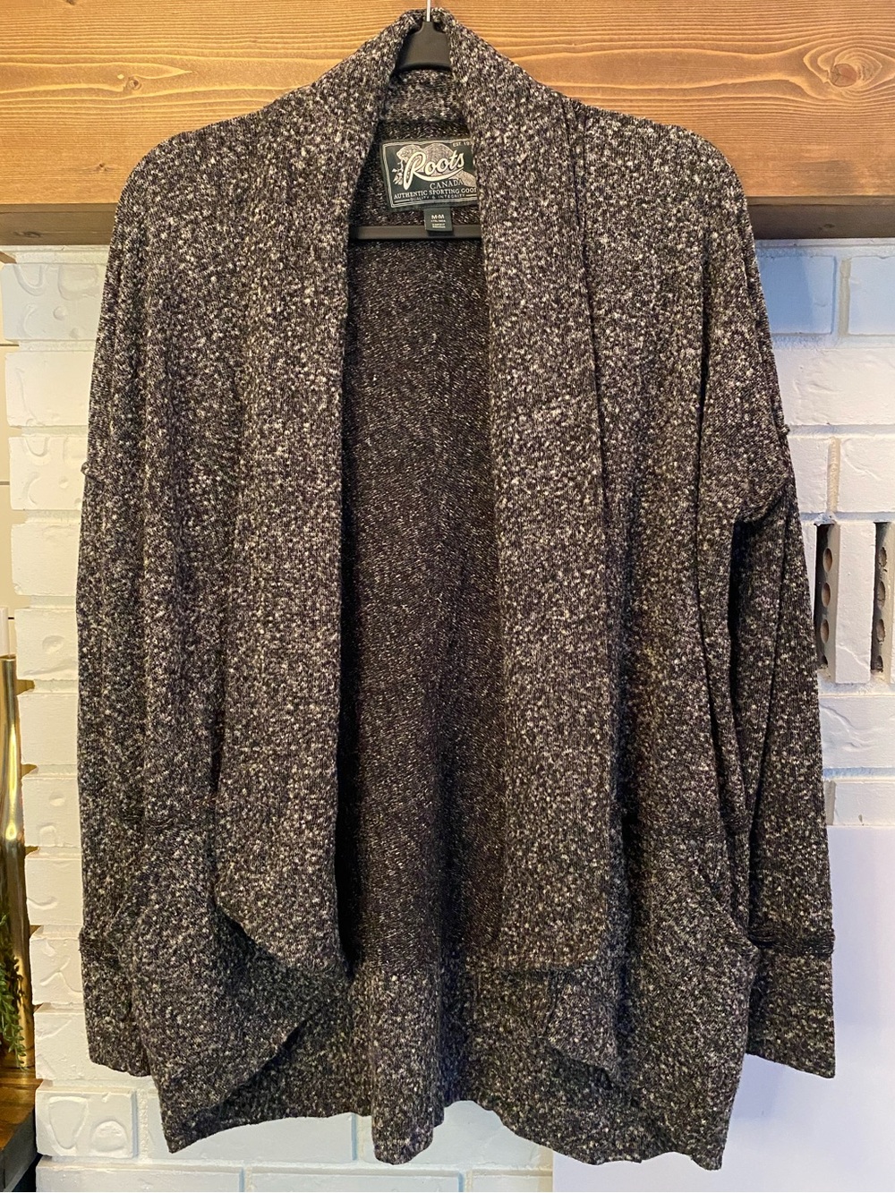 Roots Women’s Open Front Marled Knit Cardigan Sweater Gray Black Size Medium